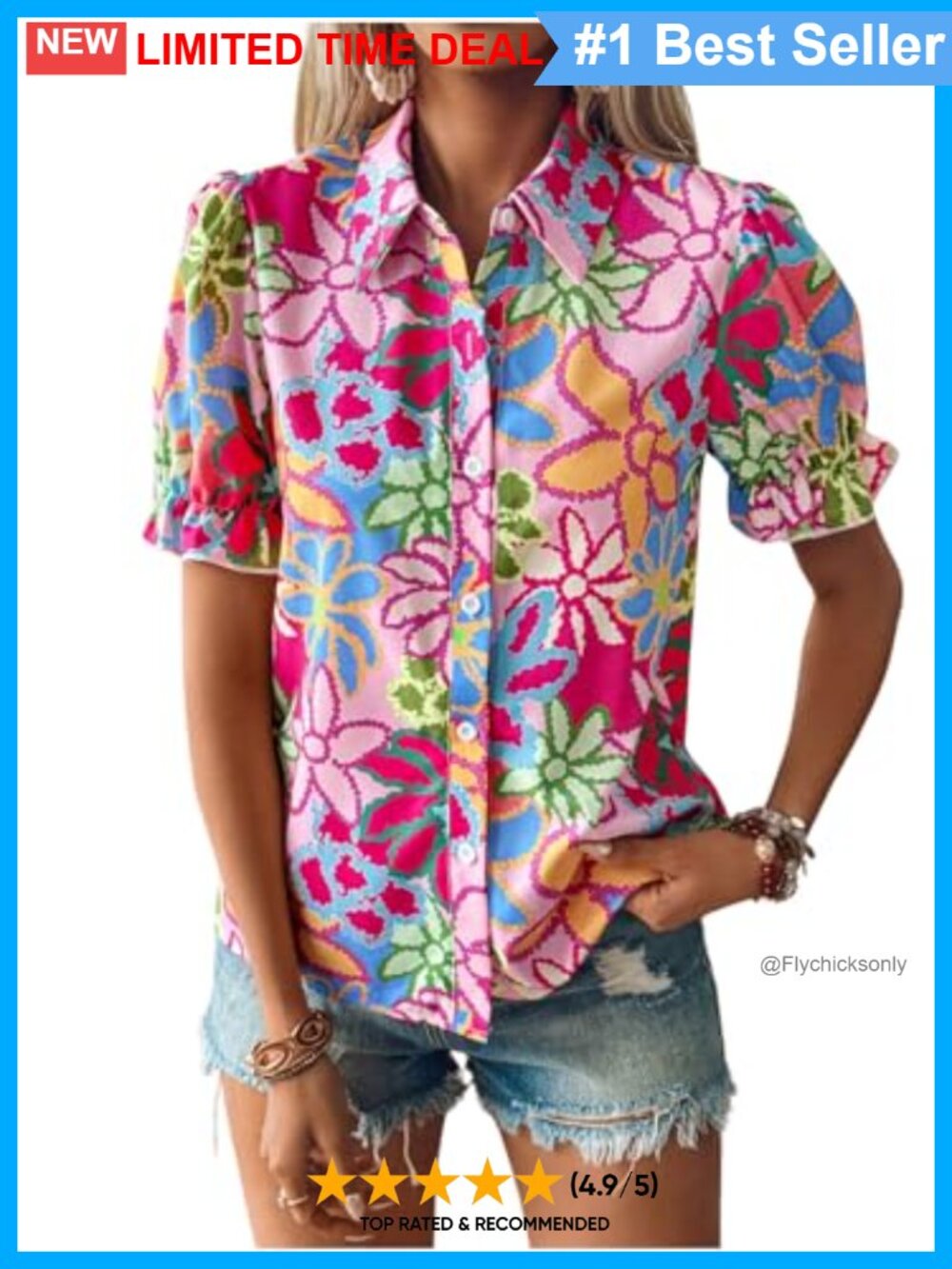 Floral Button Down Blouse Puff Sleeve Boho Top